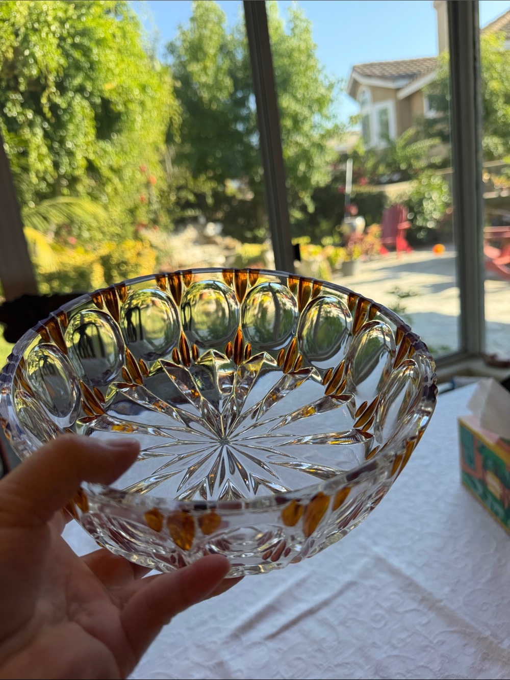 8.25” Vintage German Crystal Decorative Bowl with Amber Accents - Picture 9 of 11